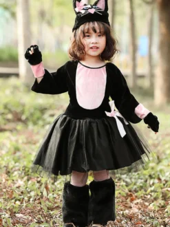 Costume De Rôle D'animal Halloween Cosplay Déguisement Chat Noir Rose Nœud