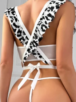 Costume de servante sexy pour femme motif vache jambières tablier haut dos en T costumes de servante