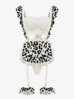 Costume de servante sexy pour femme motif vache jambières tablier haut dos en T costumes de servante