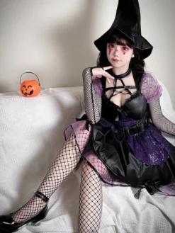 Costume de sorcière gothique d'Halloween en dentelle robe de jeu de rôle de fée noire