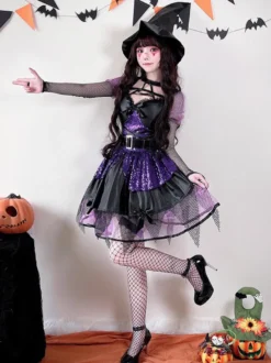 Costume de sorcière gothique d'Halloween en dentelle robe de jeu de rôle de fée noire