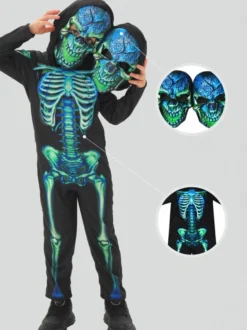Costume de squelette d'Halloween pour enfants masque à deux têtes et combinaison tenue de scène