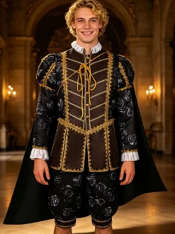 Costume d'Halloween 3 pièces de prince noble médiéval/renaissance : pardessus pantalon et cape