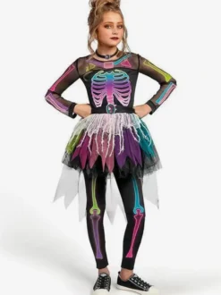 Costume d'Halloween pour fille avec squelette et imprimé os tenue mignonne et effrayante