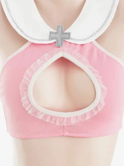 Costume d'infirmière sexy Halloween rose ensemble en polyester pour femmes couvre-chef à dos en T