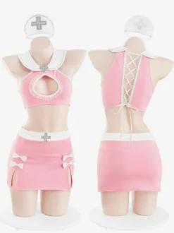 Costume d'infirmière sexy Halloween rose ensemble en polyester pour femmes couvre-chef à dos en T