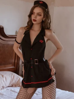 Costume D'infirmière Sexy Halloween Noir Femme Ensemble Robe Chapeau
