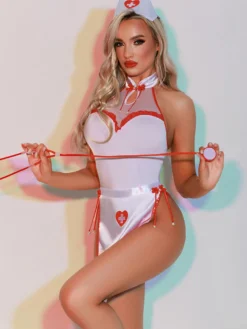 Costume d'infirmière sexy pour Halloween robe blanche dos en T pour femme