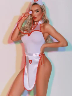 Costume d'infirmière sexy pour Halloween robe blanche dos en T pour femme