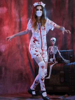 Costume d'infirmière zombie effrayante pour Halloween pour adultes robe de médecin sanglante