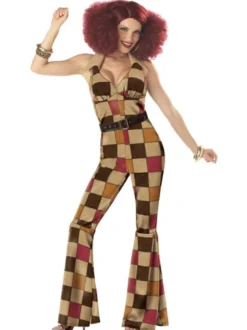 Costume Disco Rétro Halloween Années 1970 Femmes Combinaison Et Ceinture À Carreaux Marron