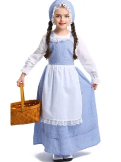 Costume Enfants Laitier Filles Cosplay Fille Bébé Bleu Polyester Chapeau Robe 3 Pièces Ensemble Halloween Fermier Cosplay Déguisement Halloween