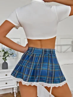 Costume Ensemble Écolière 4 Pièces Sexy Femme Haut Jupe Dos En T Bas