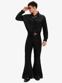 Costume Hippie Noir Vintage Ensemble Élégant Manches Longues Rétro Costumes Pour Homme