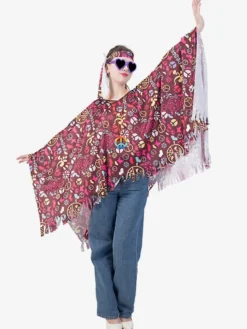 Costume hippie pour femme cape rétro sans manches de Mardi Gras avec couvre-chef
