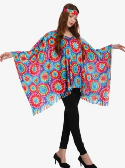 Costume hippie pour femme cape rétro sans manches de Mardi Gras avec couvre-chef
