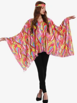 Costume hippie pour femme cape rétro sans manches de Mardi Gras avec couvre-chef