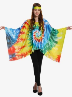 Costume hippie pour femme cape rétro sans manches de Mardi Gras avec couvre-chef