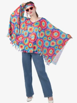 Costume hippie pour femme cape rétro sans manches de Mardi Gras avec couvre-chef