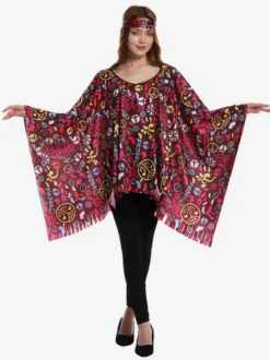 Costume hippie pour femme cape rétro sans manches de Mardi Gras avec couvre-chef