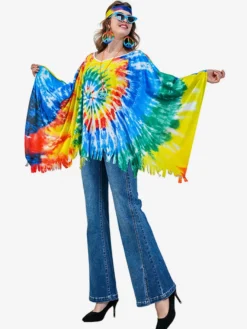 Costume hippie pour femme cape rétro sans manches de Mardi Gras avec couvre-chef