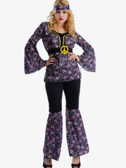 Costume hippie pour femme robe florale rétro à manches longues et trompette