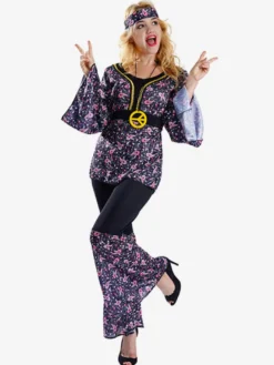 Costume hippie pour femme robe florale rétro à manches longues et trompette