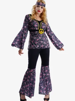 Costume hippie pour femme robe florale rétro à manches longues et trompette