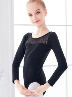 Costumes de danse de ballet ballerine noire enfants en dentelle plissée mise en forme combinaison vêtements de danse costume de danse fille