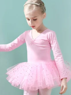 Costumes de danse de ballet Danseuse pour enfants rose volants découpés robe en mélange de coton plissée à pois tenue de performance tunique costume de danse