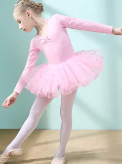 Costumes de danse de ballet Danseuse pour enfants rose volants découpés robe en mélange de coton plissée à pois tenue de performance tunique costume de danse