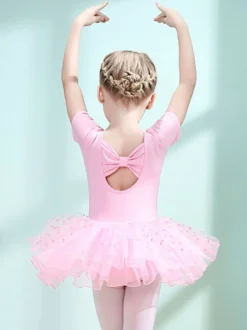 Costumes de danse de ballet Danseuse pour enfants rose pour fille volants découpés robe en mélange de coton plissée à pois tenue de performance tunique costume de danse