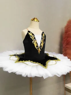 Costumes de Danse de Ballet Noir Femme Ballerine Dentelle Paillettes Ensemble de Robe