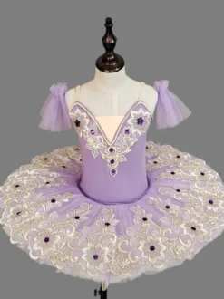 Costumes de danse de ballet pour enfants Robe tutu à épaules ouvertes en dentelle brodée bleu ciel clair
