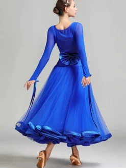 Costumes de danse de salon bleu Royal femmes Sexy Polyester Transparente bijou cou couches volants nœuds robe robe de danse