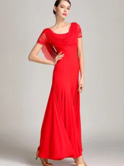 Costumes de danse de salon bordeaux pour femmes robe élégante transparente en Polyester col bénitier à volants en dentelle robe de danse plissée