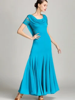Costumes de danse de salon bordeaux pour femmes robe élégante transparente en Polyester col bénitier à volants en dentelle robe de danse plissée