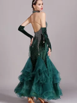 Costumes de danse de salon bordeaux femmes robe en Polyester à bretelles Sexy en dentelle et strass