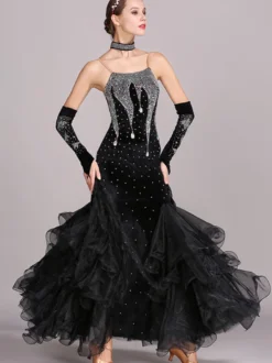 Costumes de danse de salon bordeaux femmes robe en Polyester à bretelles Sexy en dentelle et strass