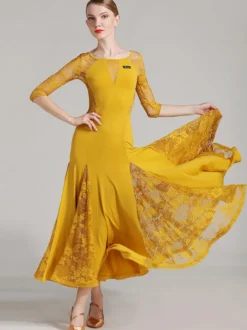 Costumes de danse de salon jaune pour femmes robe de danse transparente élégante