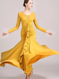 Costumes de danse de salon jaune pour femmes robe Sexy en dentelle transparente col en v en Polyester à volants vêtements de danse superposés