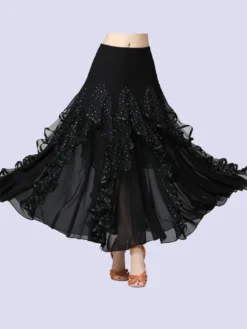 Costumes de Danse de Salon Noir Lait en Soie Paillettes Ruffles Jupe Longue Robe de Danse de Salon Déguisements Halloween