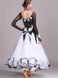 Costumes de danse de salon noir femmes élégant bijou cou robe en Polyester strass dentelle robe de danse superposée