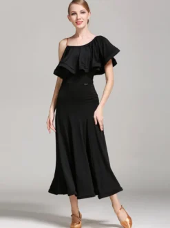 Costumes de danse de salon noir femmes sexy col asymétrique robe en polyester volants vêtements de danse asymétriques