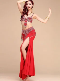 Costumes de danse du ventre femme rose rouge perles haute costume de performance de danse du ventre Déguisements Halloween