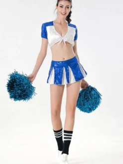 Costumes de Déguisement Cheerleader Pom-Pom Girl Adulte Sexy Femmes Déguisements Sexy Imprimés Moulants Deux Pièces à Col V avec Manches Courtes Taille Haute Bicolores