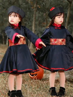 Costumes d'Halloween pour enfants Ensemble de polyester noir Halloween pour enfants Robe et chapeau