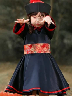 Costumes d'Halloween pour enfants Ensemble de polyester noir Halloween pour enfants Robe et chapeau