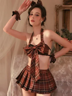 Costume Sexy D'Écolière Femmes Jupe Lingerie Ensemble Nœud