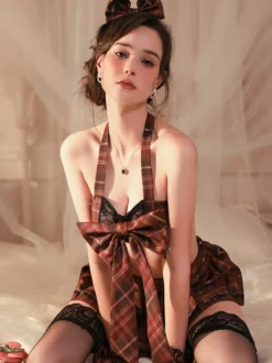 Costume Sexy D'Écolière Femmes Jupe Lingerie Ensemble Nœud